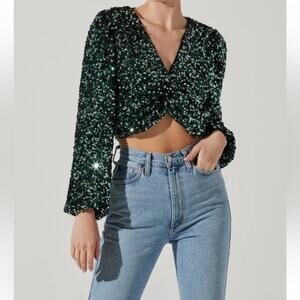 ASTR The Label Nix Sequin V-Neck Green Crop Top Blouse Long Sleeve Bling Sz M